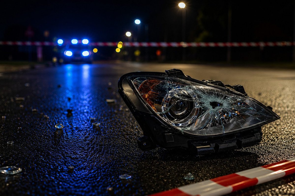Il faro rotto di un'auto sull'asfalto dopo un incidente stradale